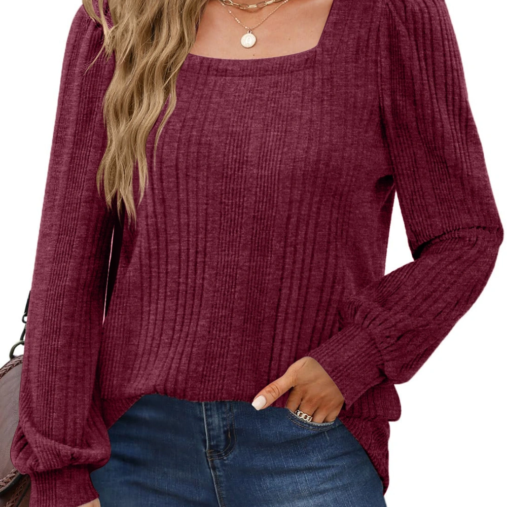 Women Lantern Long Sleeve Top Square Neck Fashion Comfortable Casual Blouse for Work Dating Home Dark Red S