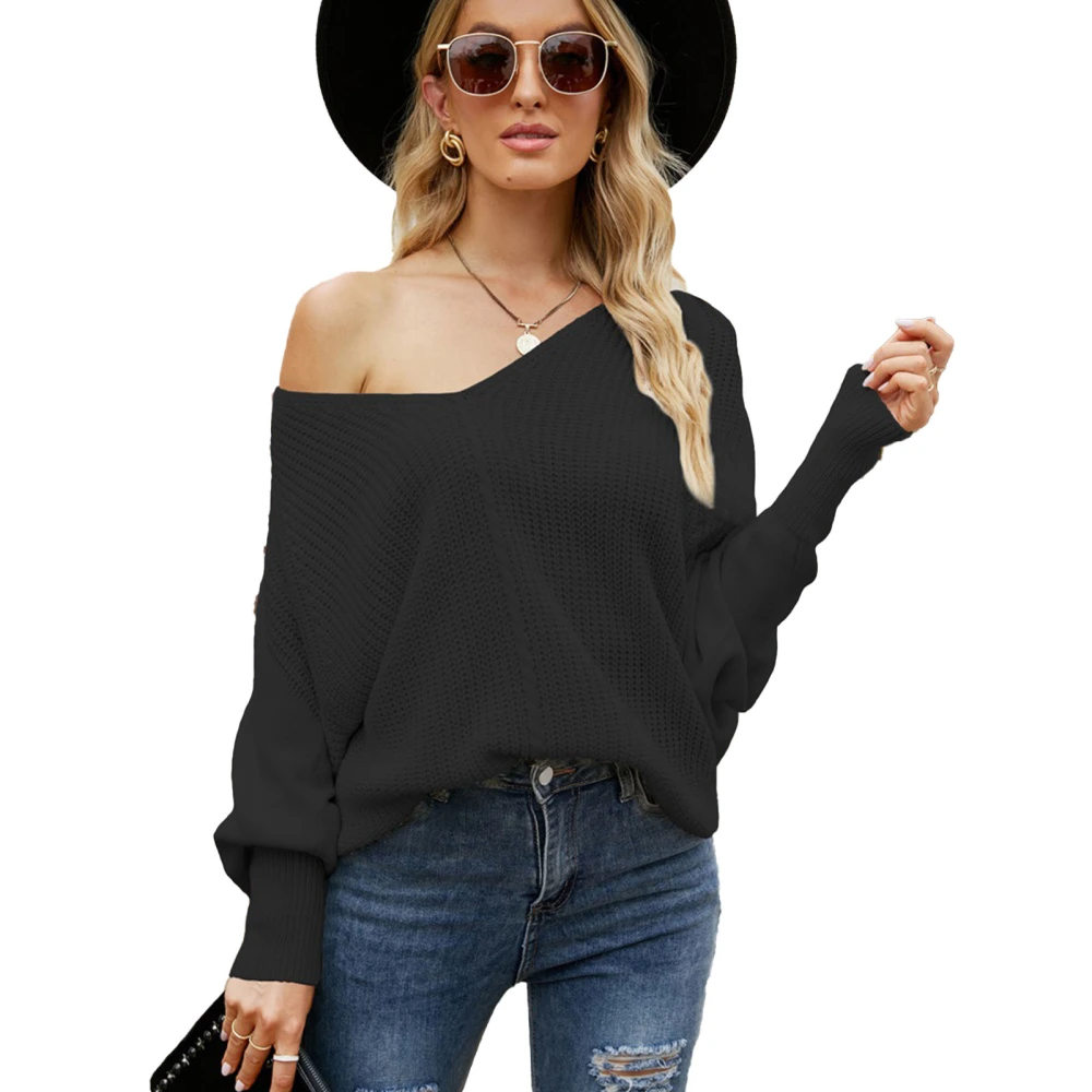 Off Shoulder Batwing Long Sleeve Sweater V Neck Pure Color Fashionable Loose Knit Pullover Sweatshirt for Women Black L