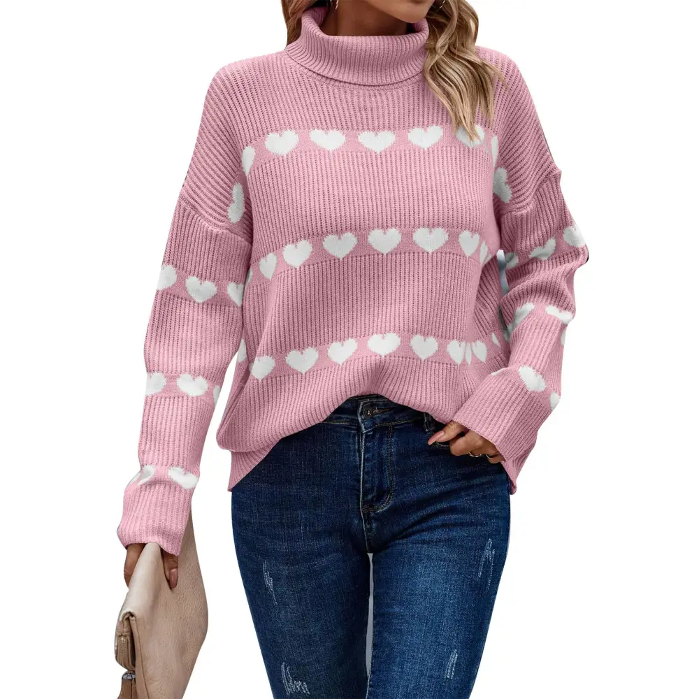 Women Turtleneck Sweater Casual Fashion Cute Long Sleeve Heart Pullover Sweaters for Autumn Winter Light Pink Background White Heart M