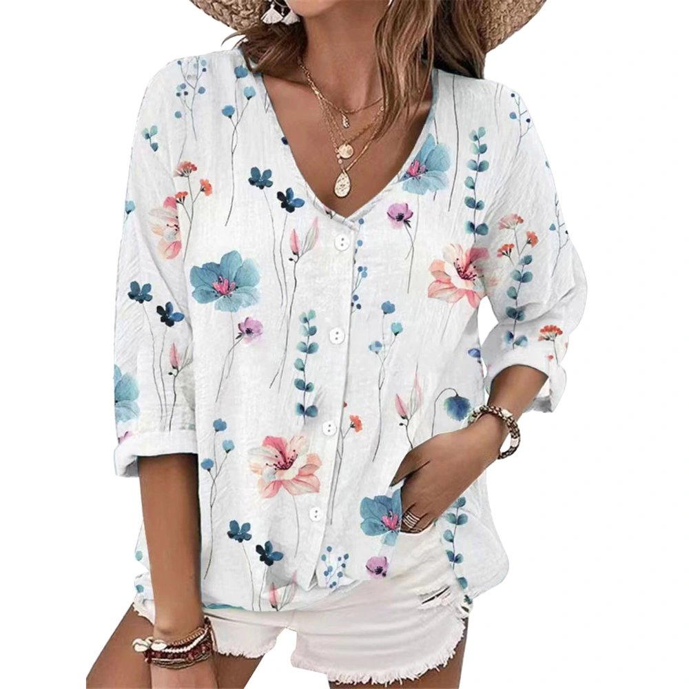 Women V Neck Button Up Top Long Sleeve Loose Fit Dressy Casual Floral Printed Top Blue L