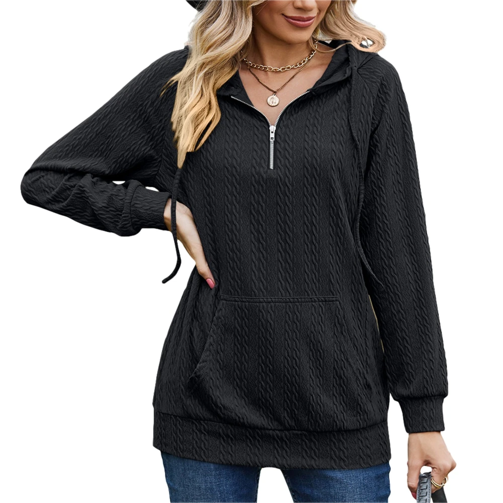 Women Hoddie Pure Color Long Sleeve Quarter Zip Pullover Tops with Front Big Pockets for Autumn Winter Black XXL