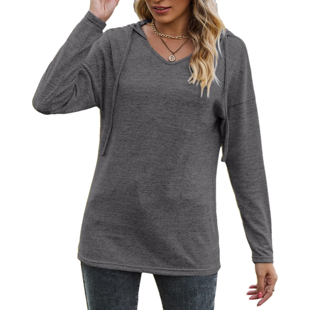 Long Sleeve Shirt Tops V Neck Hooded Stylish Soft Skin Friendly Breathable Women Long Sleeve Shirt for Office Date Work Dark Gray M