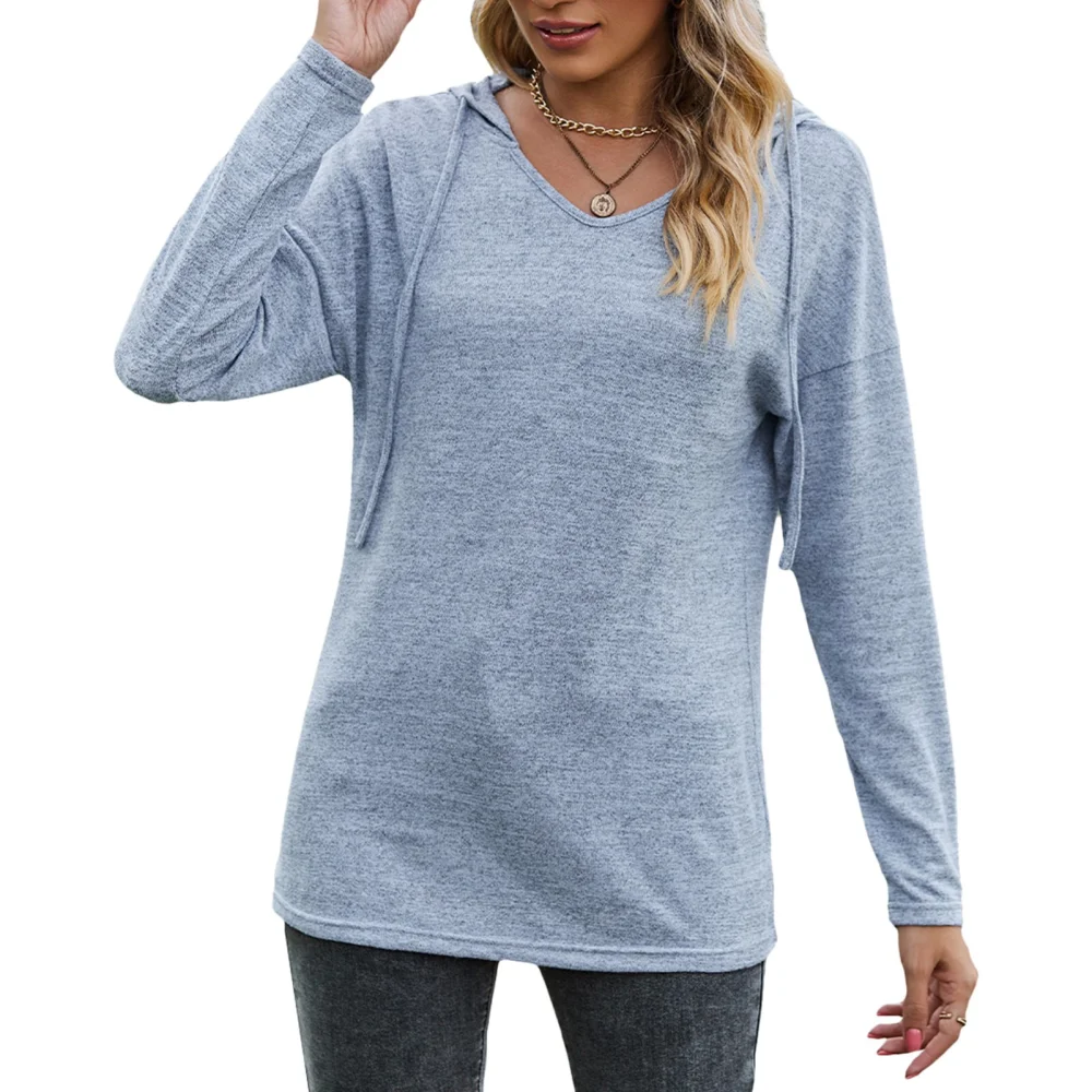 Long Sleeve Shirt Tops V Neck Hooded Stylish Soft Skin Friendly Breathable Women Long Sleeve Shirt for Office Date Work Light Blue M