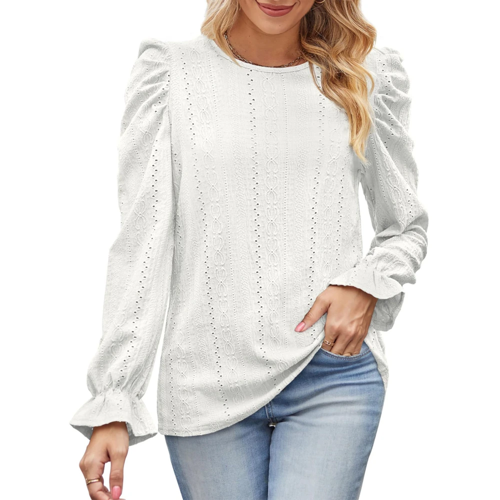 Women Long Sleeve Top Round Neck Puff Sleeve Breathable Sweet Casual Blouse for Work Dating Street White L