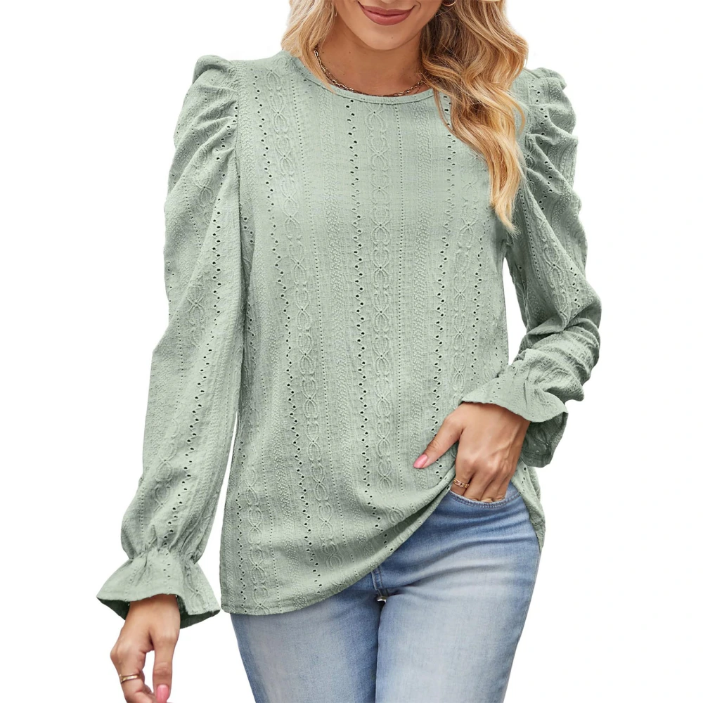 Women Long Sleeve Top Round Neck Puff Sleeve Breathable Sweet Casual Blouse for Work Dating Street Light Green XXL