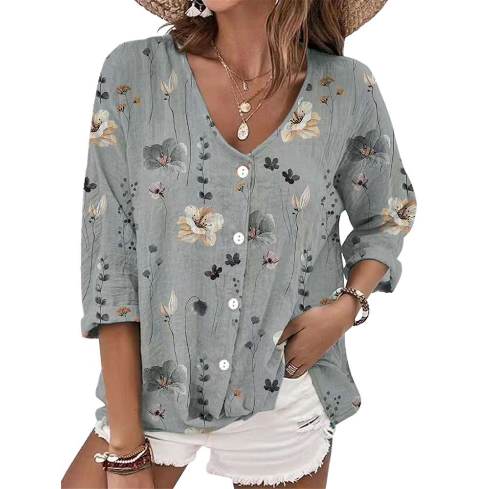 Women V Neck Button Up Top Long Sleeve Loose Fit Dressy Casual Floral Printed Top Grey L