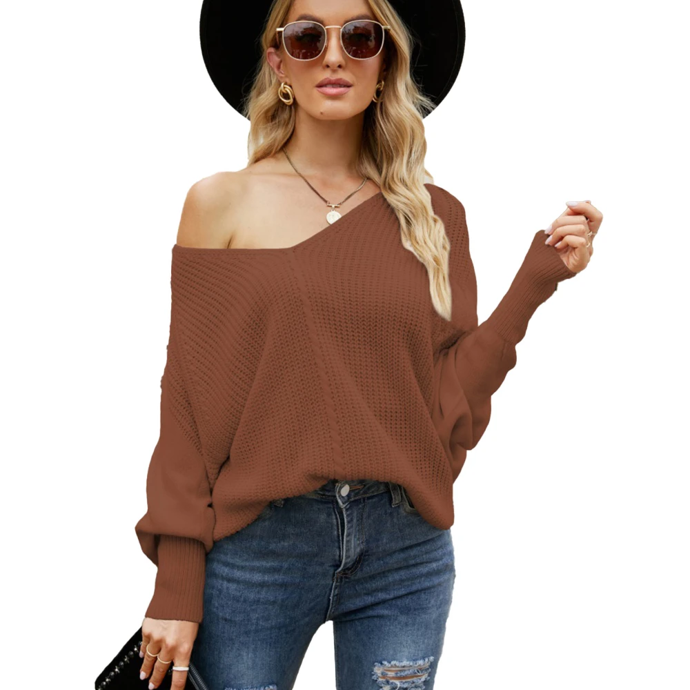 Off Shoulder Batwing Long Sleeve Sweater V Neck Pure Color Fashionable Loose Knit Pullover Sweatshirt for Women Brownish Red L