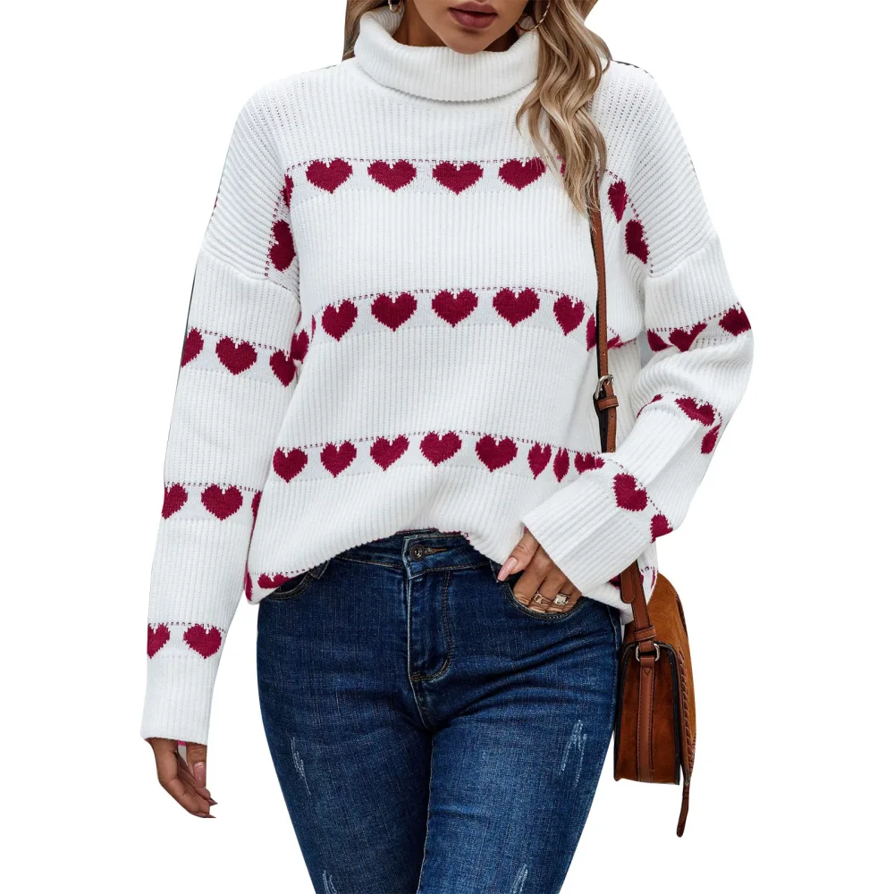 Women Turtleneck Sweater Casual Fashion Cute Long Sleeve Heart Pullover Sweaters for Autumn Winter White Background Wine Red Heart L