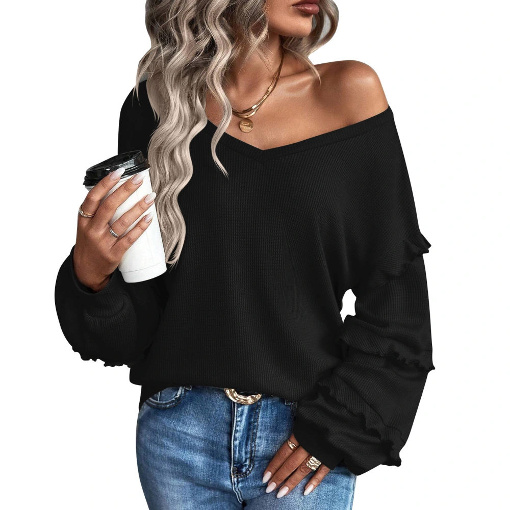 Women Long Sleeve V Neck Tops Autumn Winter Fashion Casual Ruffled Design Women Long Sleeve Loose Blouse Black S