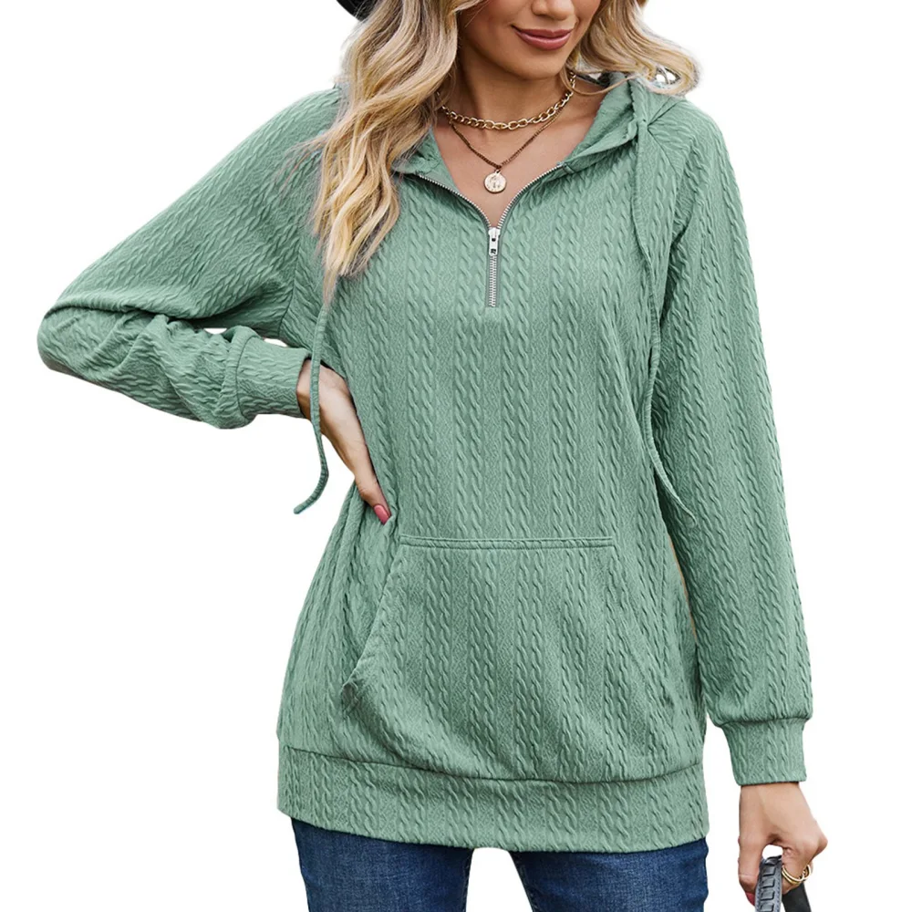 Women Hoddie Pure Color Long Sleeve Quarter Zip Pullover Tops with Front Big Pockets for Autumn Winter Pea Green M