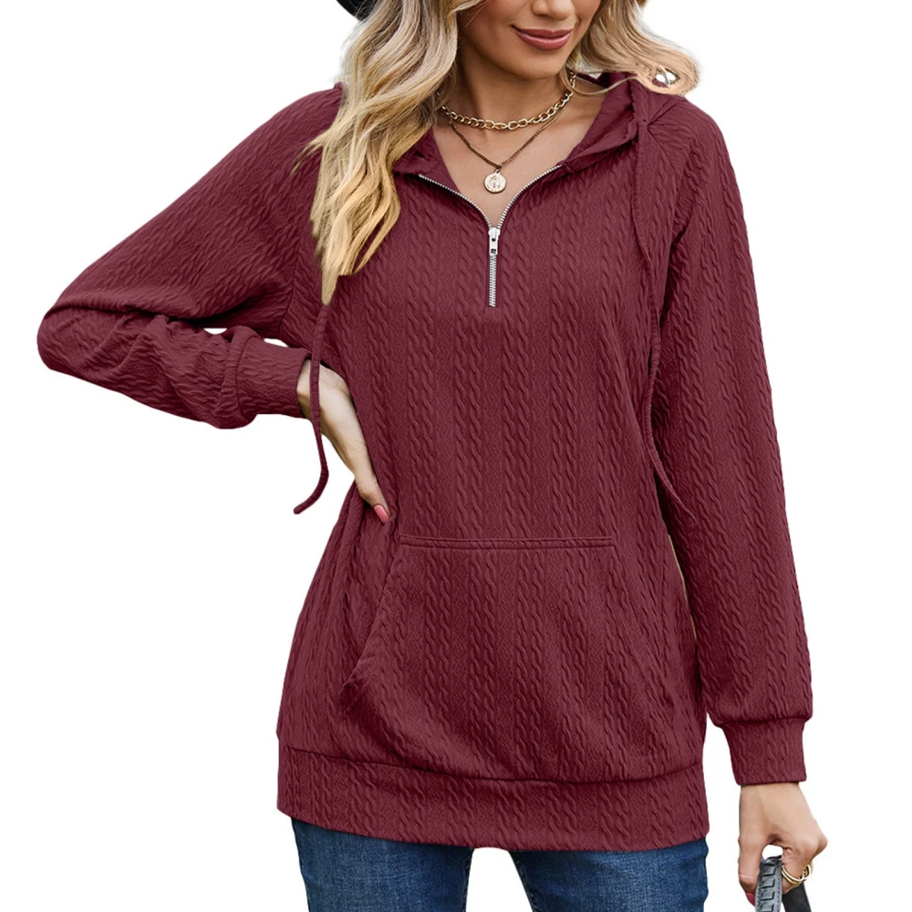 Women Hoddie Pure Color Long Sleeve Quarter Zip Pullover Tops with Front Big Pockets for Autumn Winter Wine Red XL