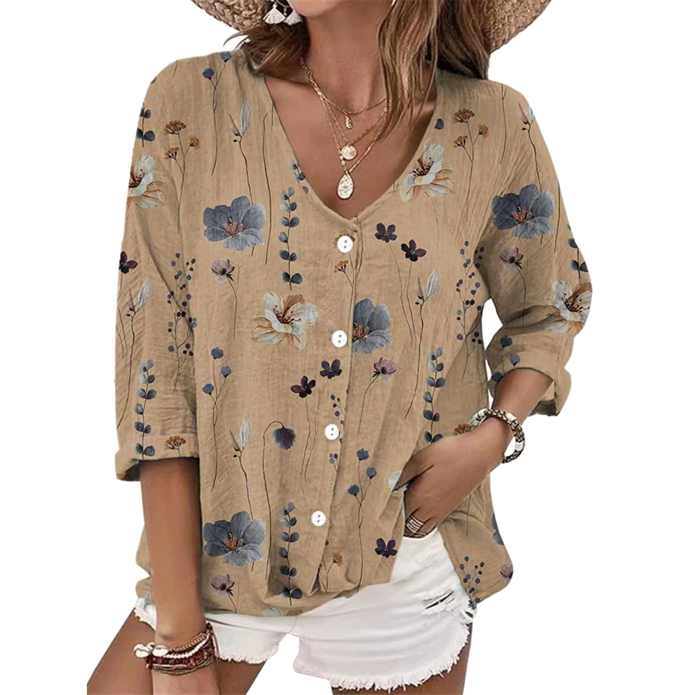 Women V Neck Button Up Top Long Sleeve Loose Fit Dressy Casual Floral Printed Top Khaki M