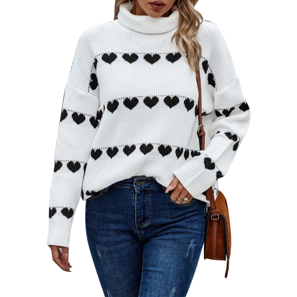 Women Turtleneck Sweater Casual Fashion Cute Long Sleeve Heart Pullover Sweaters for Autumn Winter White Background Black Heart L