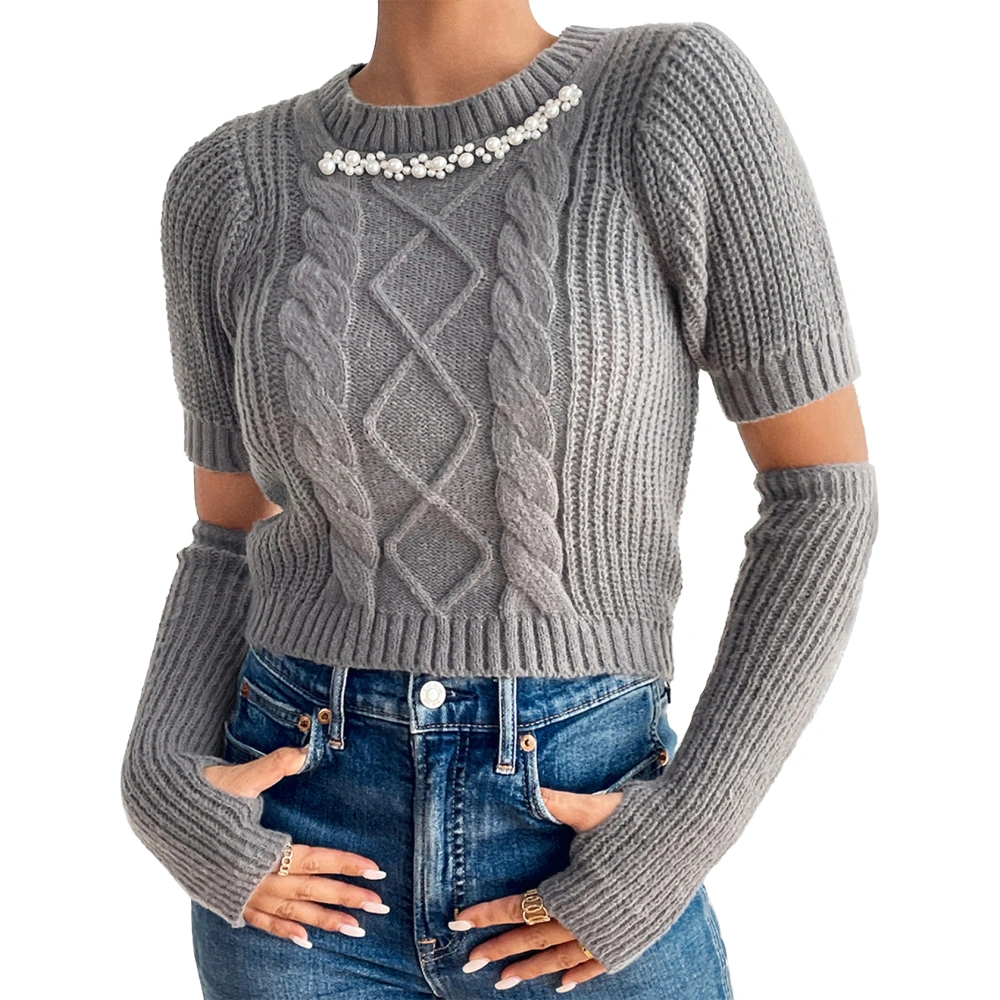 Women Sweater With Removable Oversleeves Round Neck Slim Fit Fashion Style Knit Blouse Gray S