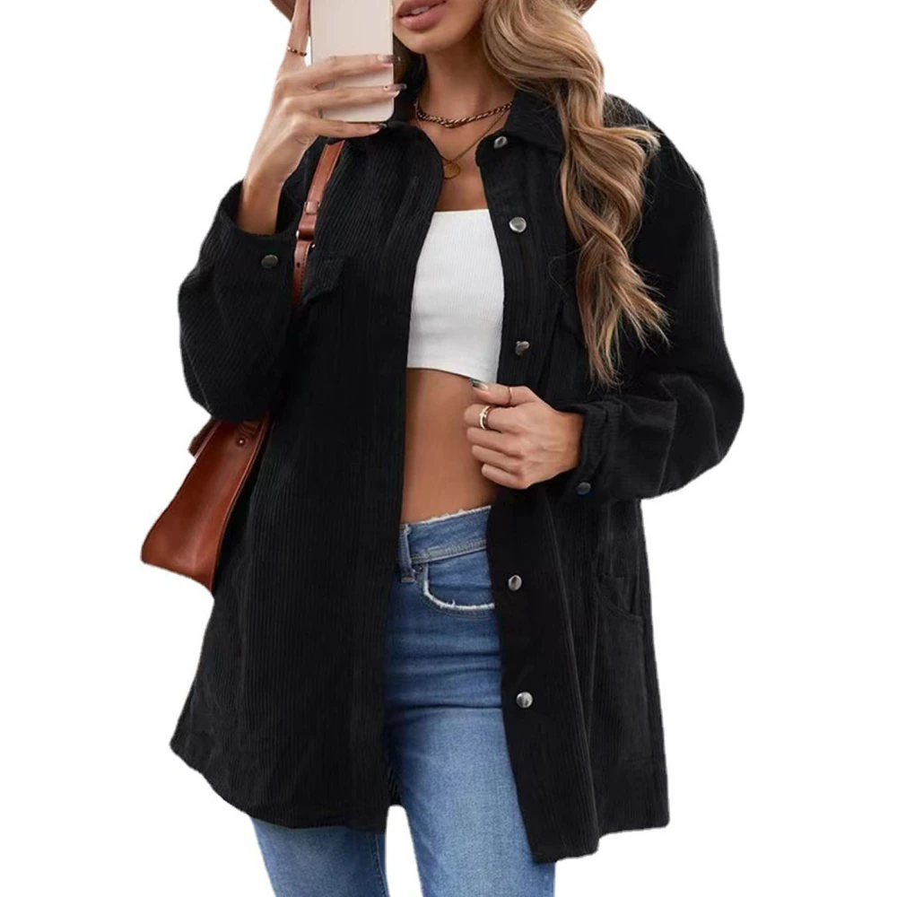 Woman Pure Color Pockets Coat Turn Down Collar Single Breasted Loose Leisure Long Sleeve Coat Black S