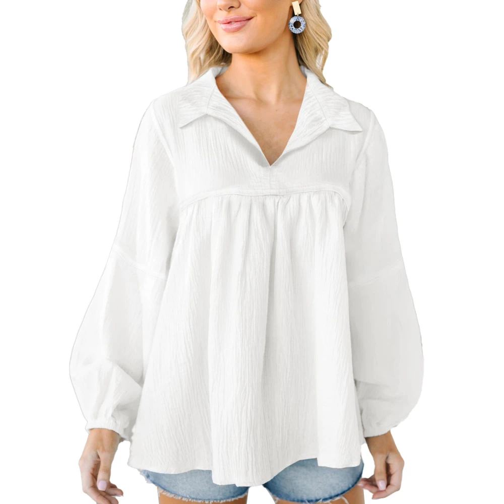 Flowy V Neckline Blouse Puff Long Sleeve Casual Fitted Pleated Women Dressy Top for Women White S