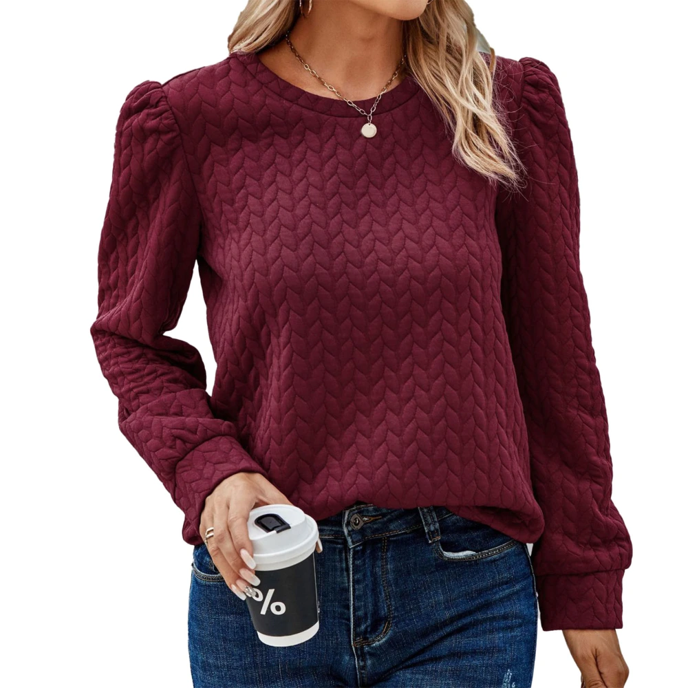 Women Puff Long Sleeve Top Crew Neck Loose Fit Lightweight Textured Fall Pullover Wine Red L