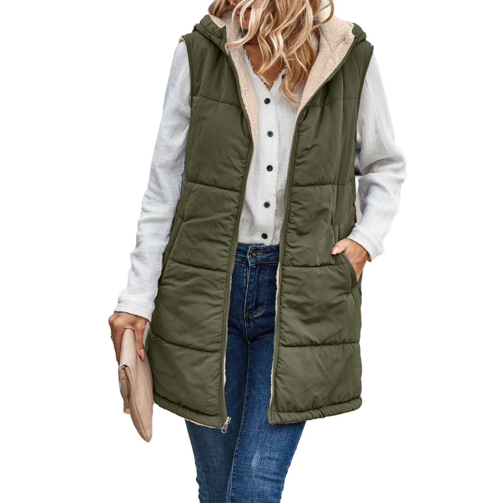 Women Warm Sleeveless Jacket Fashion Simple Patchwork Puffer Hooded Fall Reversible Vest OD Green M