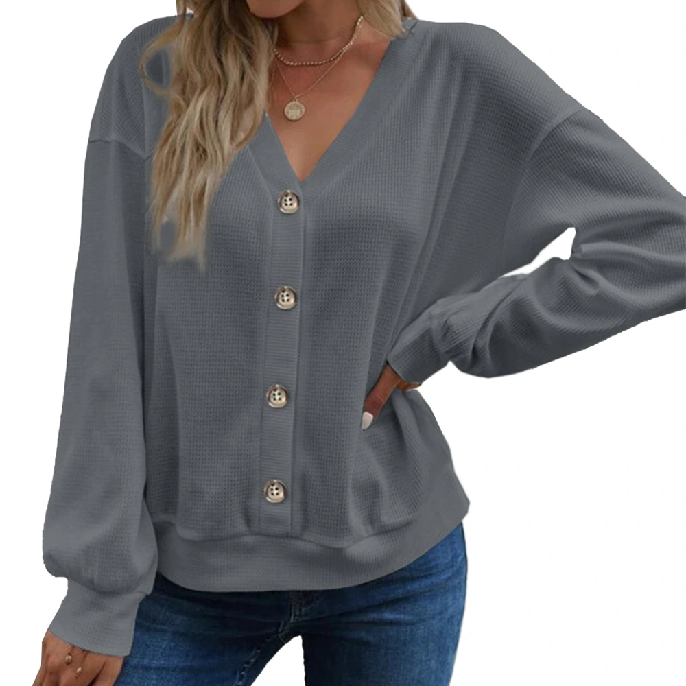 Woman V Neck Drop Shoulder Sleeve Top Button Front Pure Color Fashion Long Sleeve Pullover Top Grey L