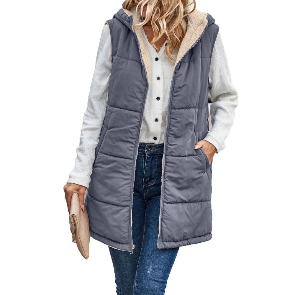 Women Warm Sleeveless Jacket Fashion Simple Patchwork Puffer Hooded Fall Reversible Vest Grayish Blue XL