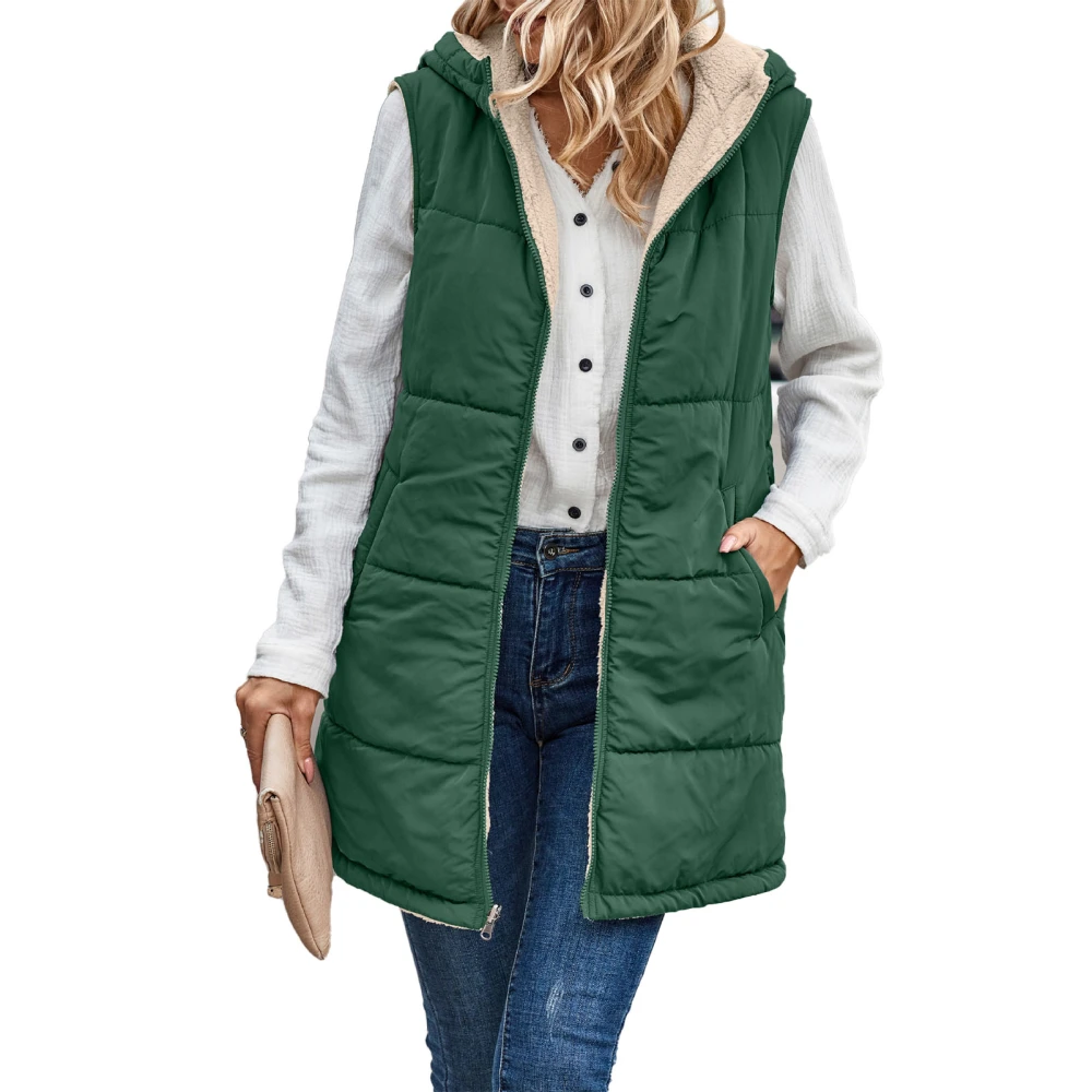 Women Warm Sleeveless Jacket Fashion Simple Patchwork Puffer Hooded Fall Reversible Vest Blackish Green L