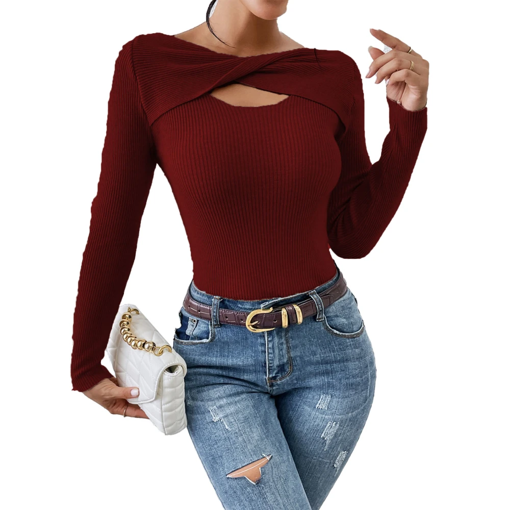 Women Slim Sweater Hollow Out Twist Knot Neckline Pure Color Long Sleeve Tight Fit Knit Pullover Top Wine Red S