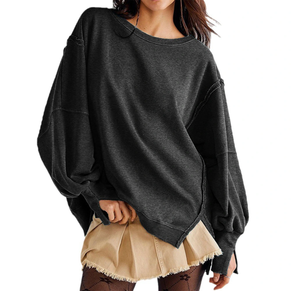 Women Pullover Round Neck Long Sleeve Side Slit Casual Plain Loose Sweatshirt for Outdoor Work Home Black L