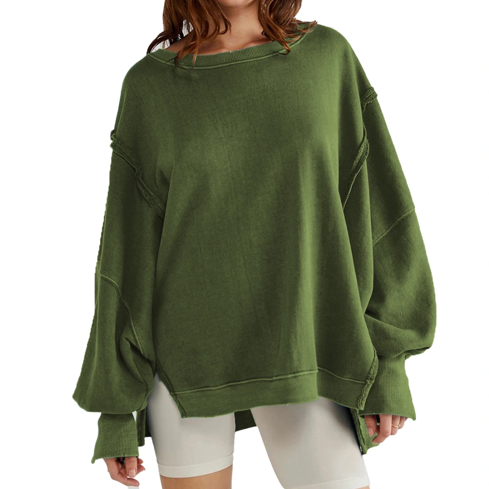 Women Pullover Round Neck Long Sleeve Side Slit Casual Plain Loose Sweatshirt for Outdoor Work Home OD Green XL