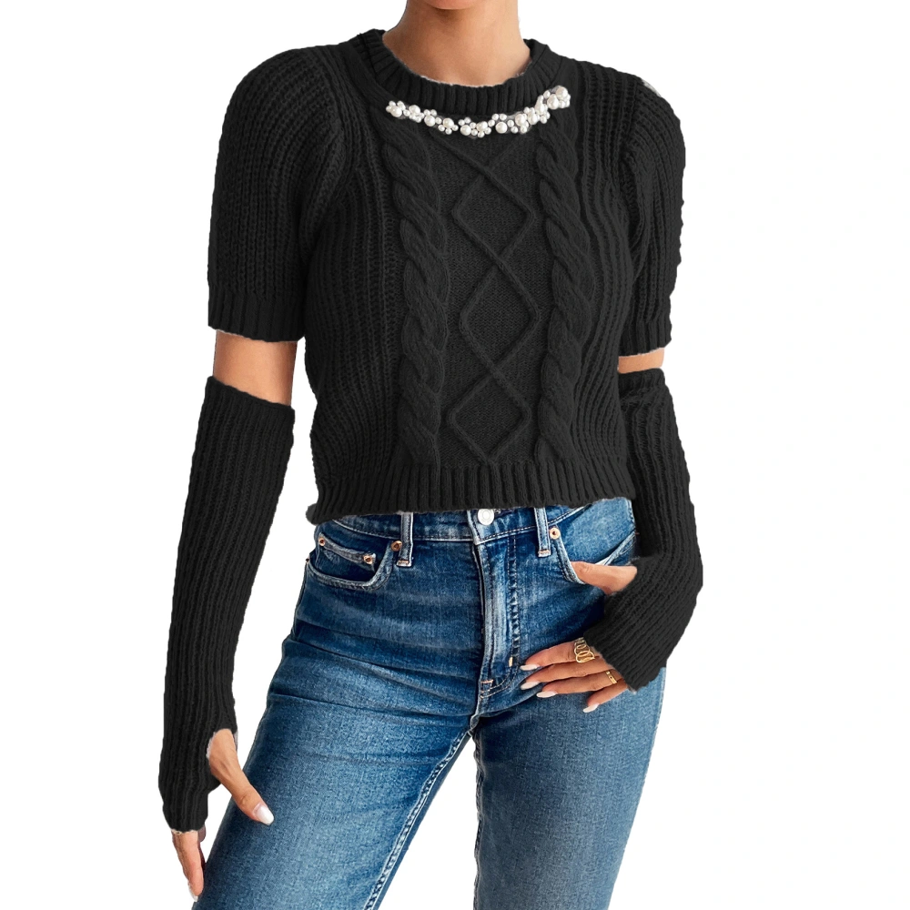 Women Sweater With Removable Oversleeves Round Neck Slim Fit Fashion Style Knit Blouse Black L