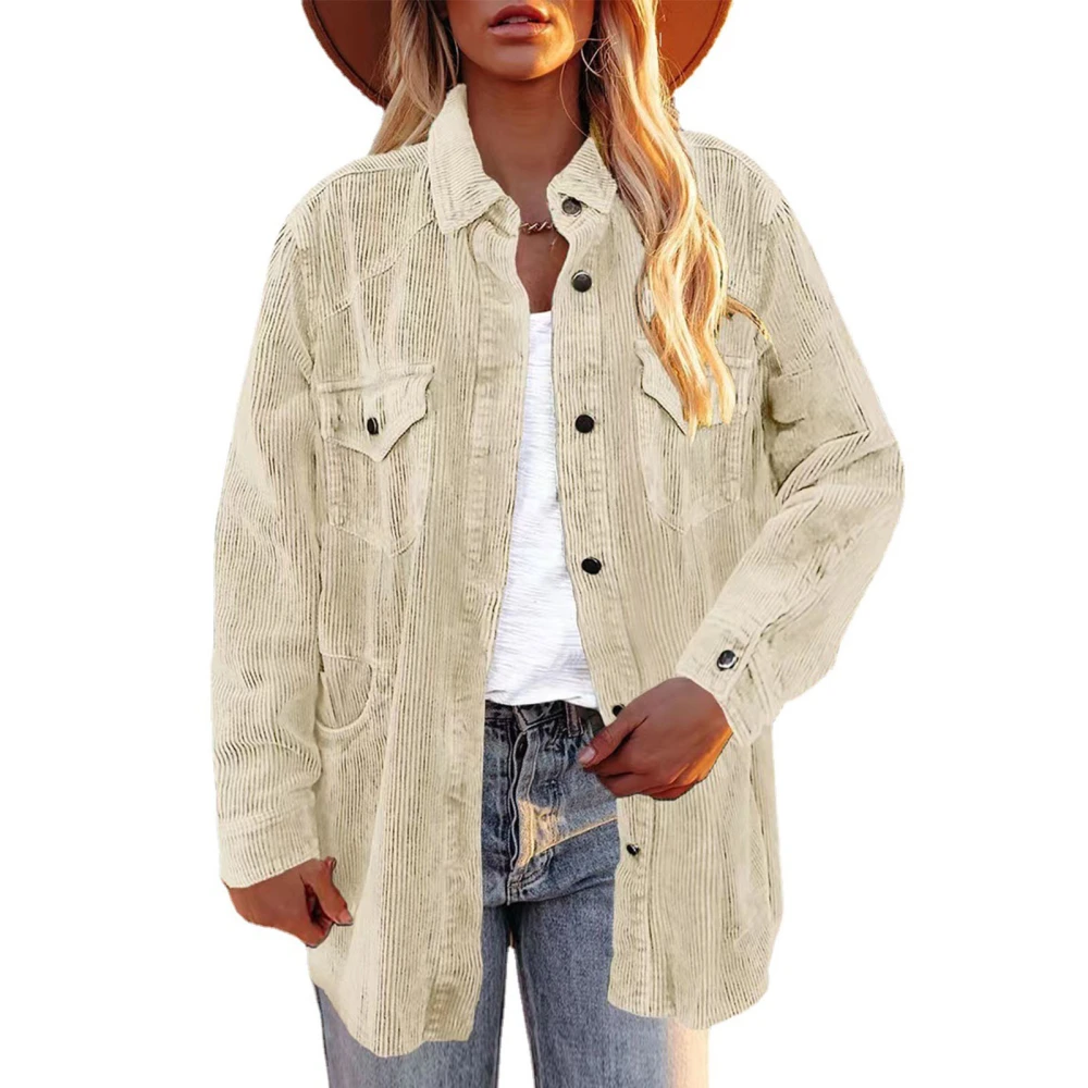 Woman Pure Color Pockets Coat Turn Down Collar Single Breasted Loose Leisure Long Sleeve Coat Beige XL