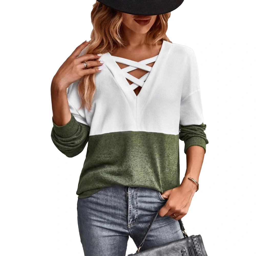 Women V Neck Criss Cross Blouse Long Sleeve Color Blocking Loose Fit Drop Shoulder Basic T Shirt White Green S