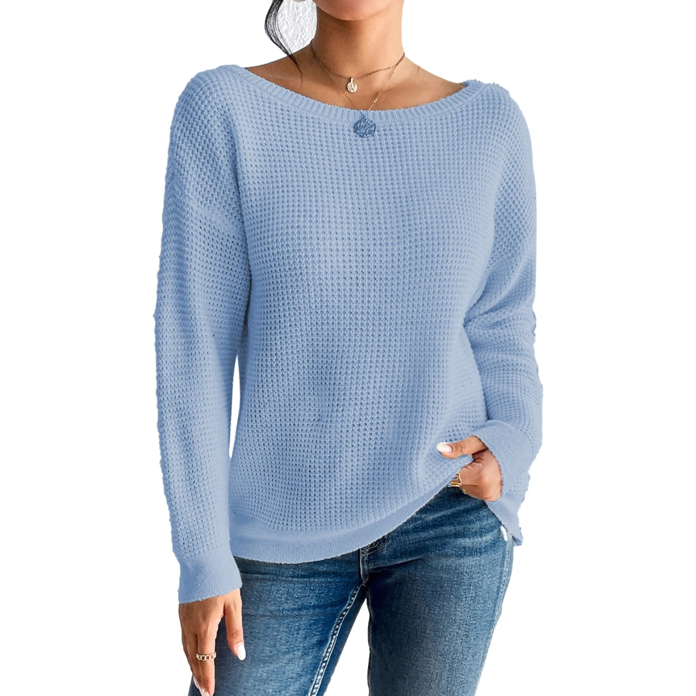 Drop Shoulder Knitted Sweater Plain Color Long Sleeve Knitted Pullover Sweater for Women Lady Blue S