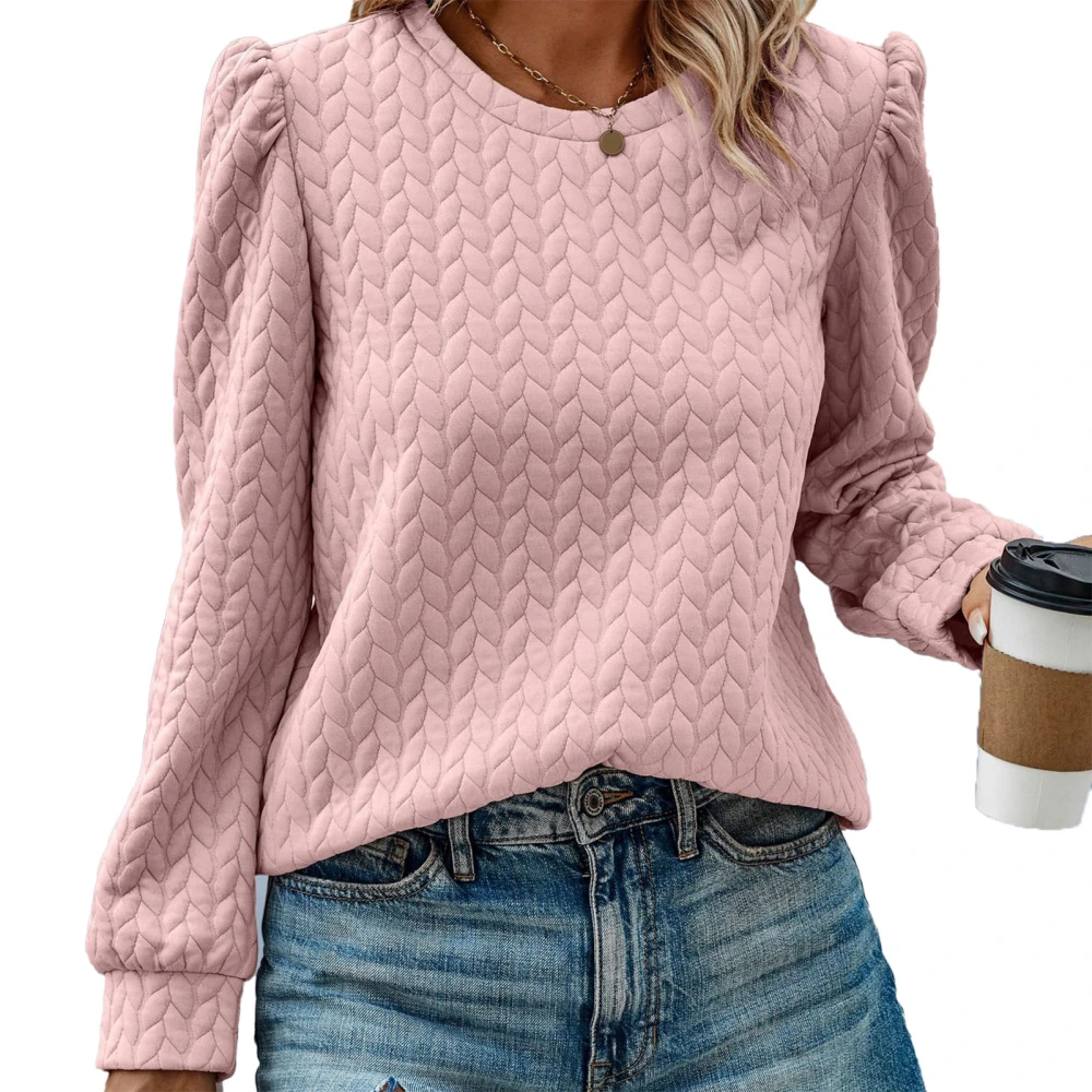 Women Puff Long Sleeve Top Crew Neck Loose Fit Lightweight Textured Fall Pullover Pink M