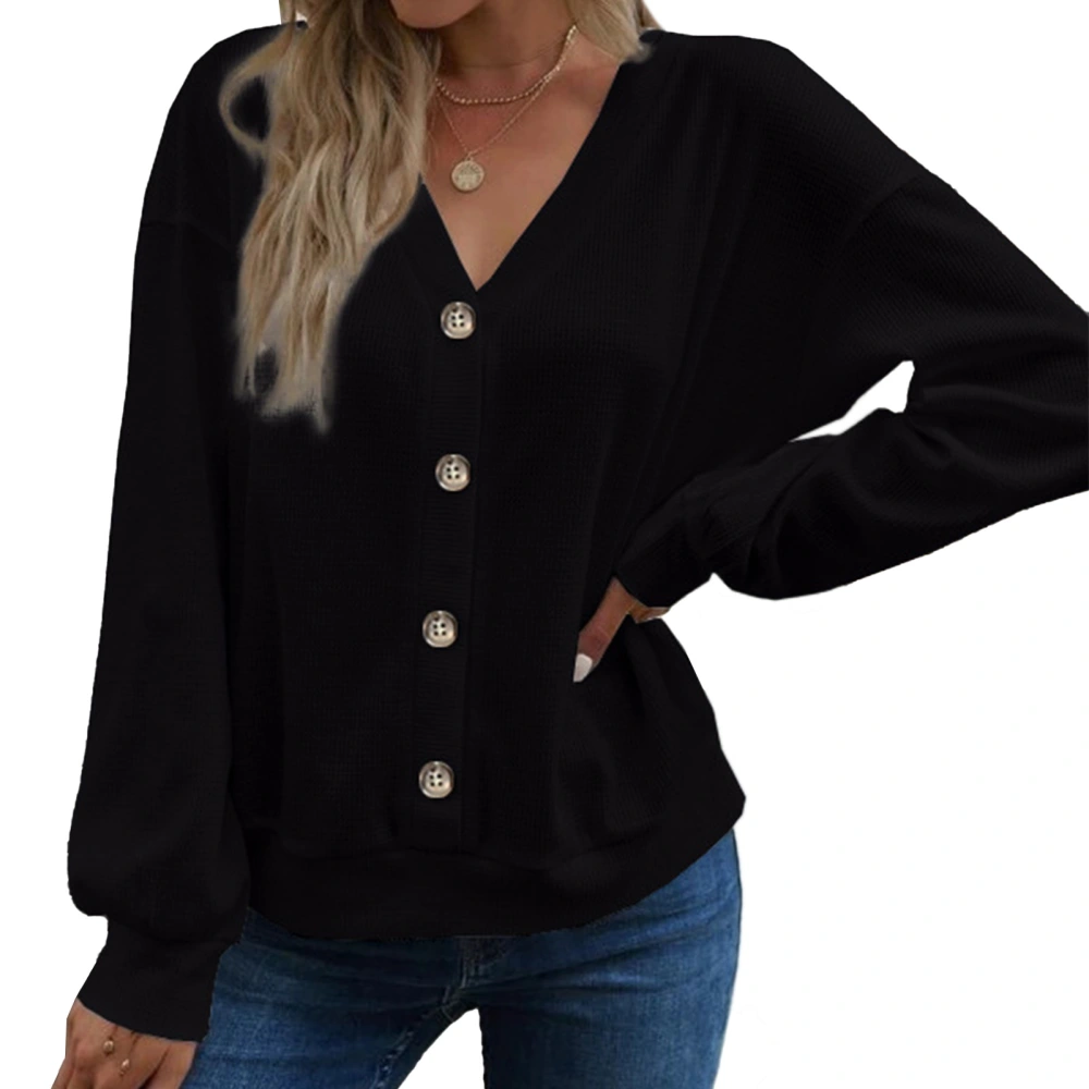 Woman V Neck Drop Shoulder Sleeve Top Button Front Pure Color Fashion Long Sleeve Pullover Top Black S