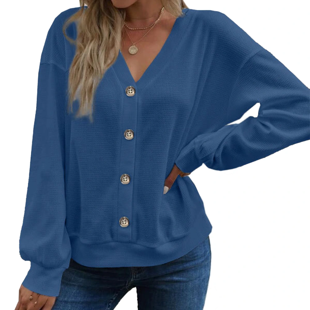 Woman V Neck Drop Shoulder Sleeve Top Button Front Pure Color Fashion Long Sleeve Pullover Top Blue XXL