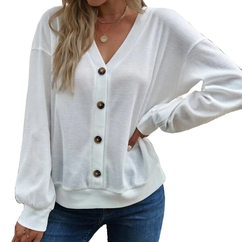 Woman V Neck Drop Shoulder Sleeve Top Button Front Pure Color Fashion Long Sleeve Pullover Top White S