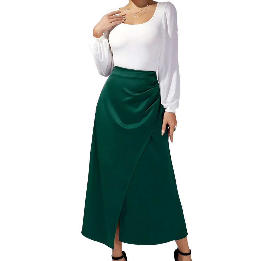 Women Skirt High Waist Satin Look Solid Color Long Skirt Fashion Wrinkle Back Hidden Zipper Split Package Hip Skirt Dark Green M