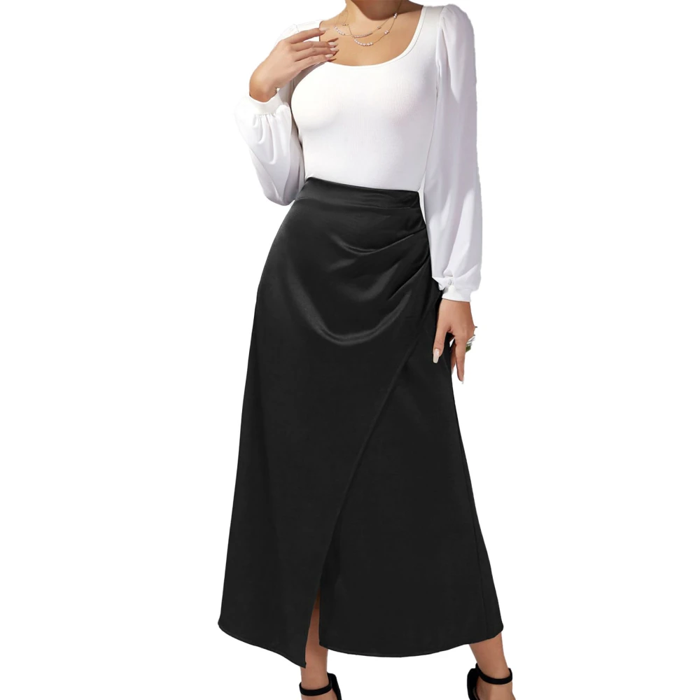 Women Skirt High Waist Satin Look Solid Color Long Skirt Fashion Wrinkle Back Hidden Zipper Split Package Hip Skirt Black XL