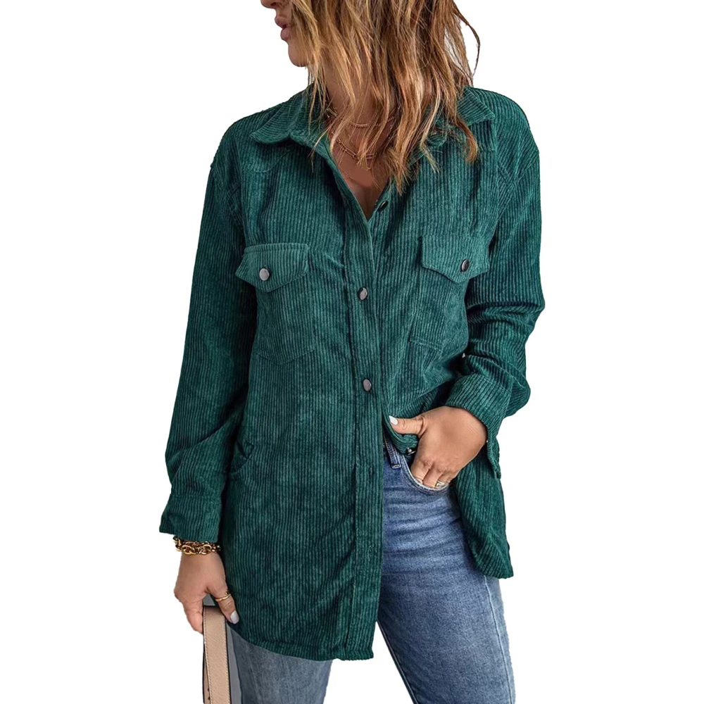 Woman Pure Color Pockets Coat Turn Down Collar Single Breasted Loose Leisure Long Sleeve Coat Green S