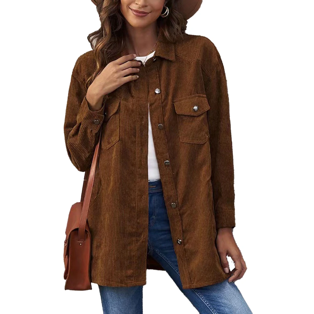 Woman Pure Color Pockets Coat Turn Down Collar Single Breasted Loose Leisure Long Sleeve Coat Coffee XXL