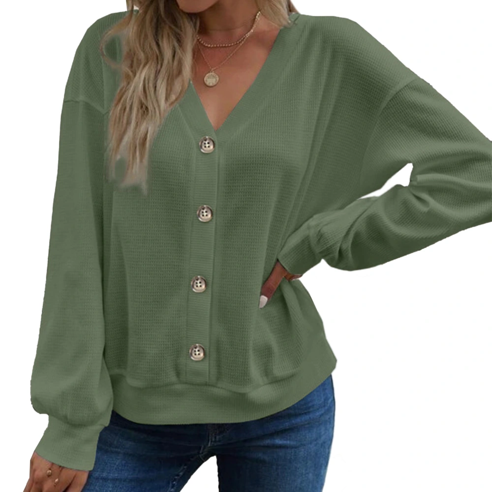 Woman V Neck Drop Shoulder Sleeve Top Button Front Pure Color Fashion Long Sleeve Pullover Top OD Green S