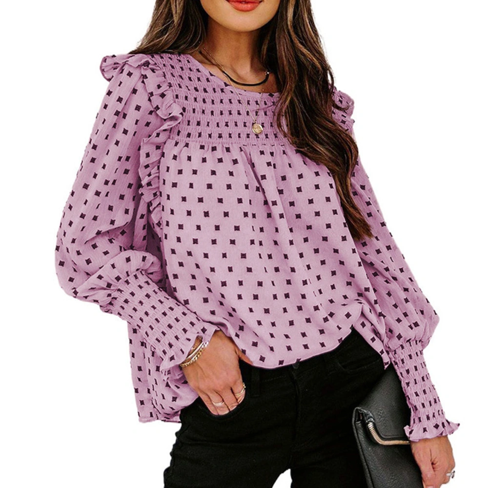 Shirred Dot Printed Blouse Ruffle Trim Casual Fitted Round Neck Long Lantern Sleeve Shirred Blouse for Women Pink L