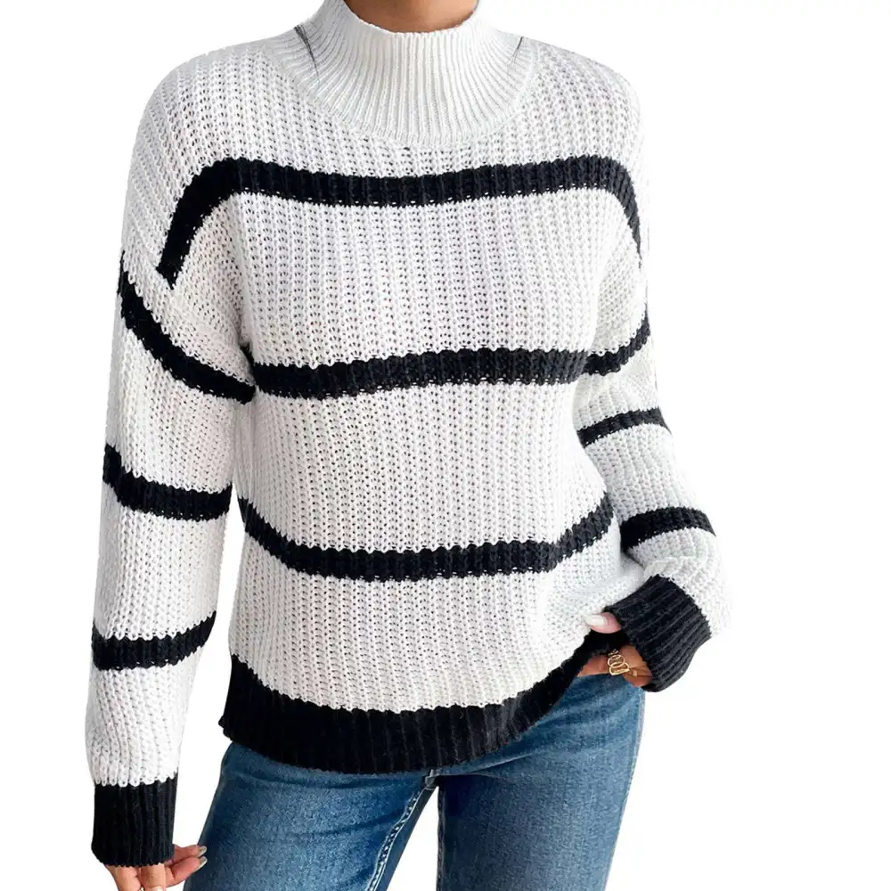 Women Striped Sweater High Collar Long Sleeves Loose Fitting Casual Knitted Pullover Sweatershirt White M