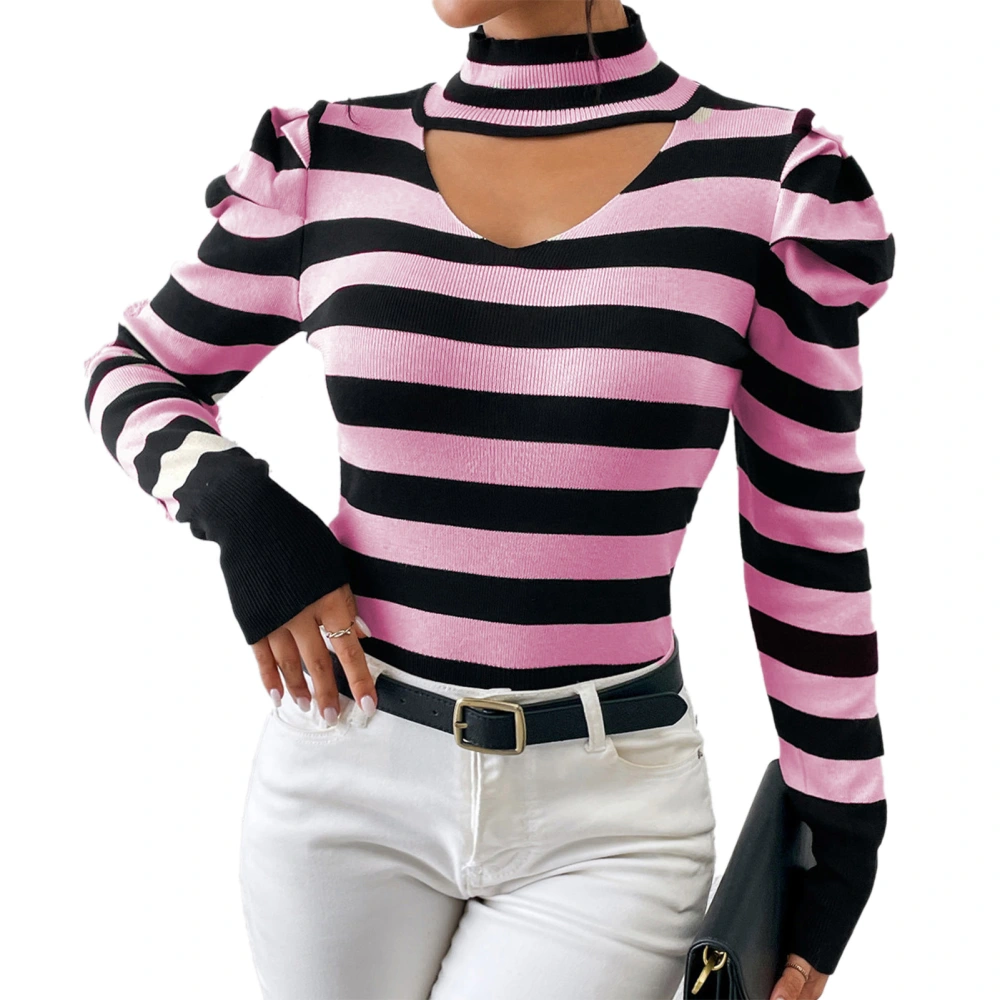 Women Sweater Puff Long Sleeves Neck Cut Out Slim Fit Pullover Strip Pattern Knitwear for Home Date Pink L