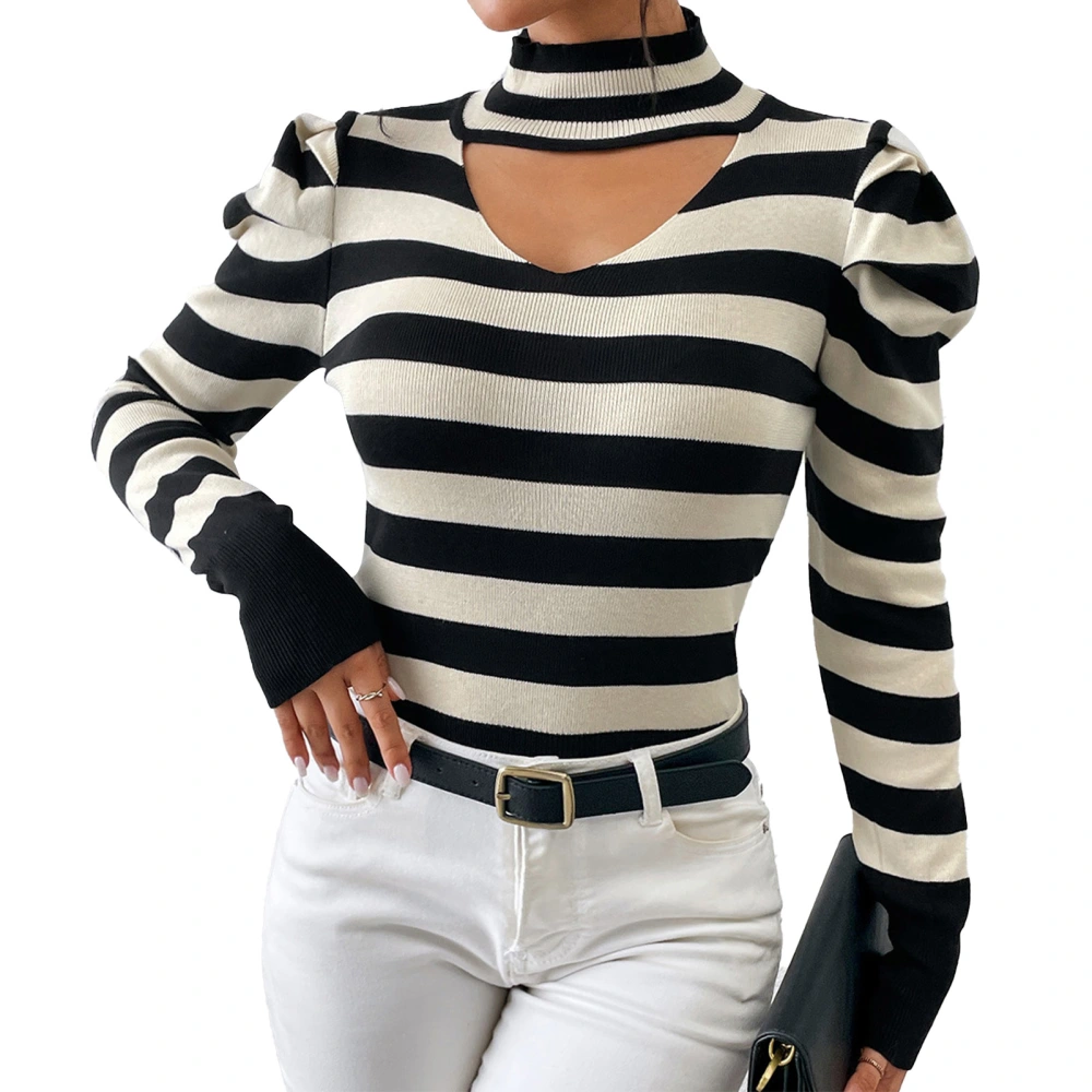 Women Sweater Puff Long Sleeves Neck Cut Out Slim Fit Pullover Strip Pattern Knitwear for Home Date Black S