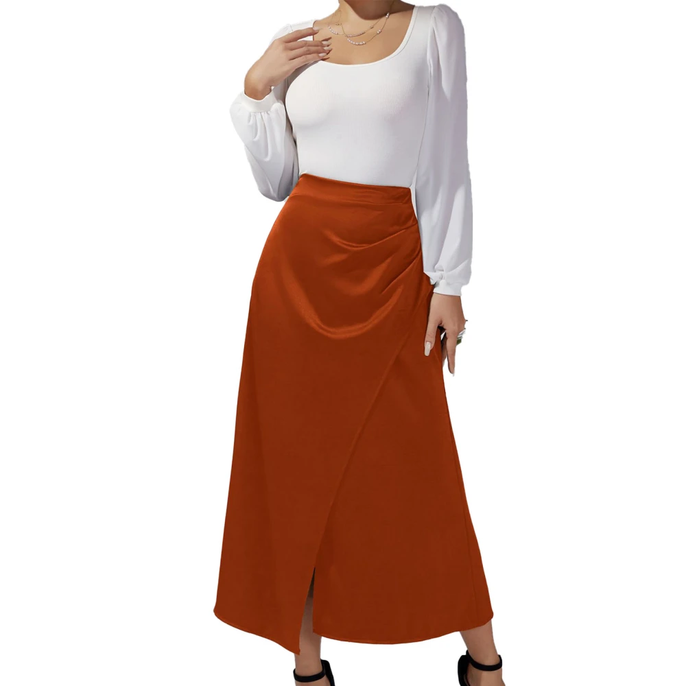 Women Skirt High Waist Satin Look Solid Color Long Skirt Fashion Wrinkle Back Hidden Zipper Split Package Hip Skirt Orange M