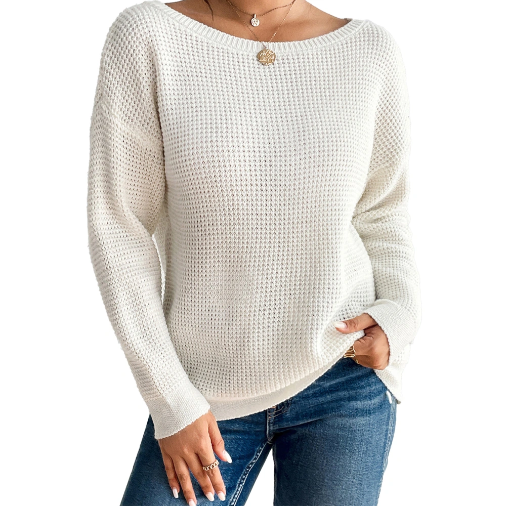 Drop Shoulder Knitted Sweater Plain Color Long Sleeve Knitted Pullover Sweater for Women Lady White L