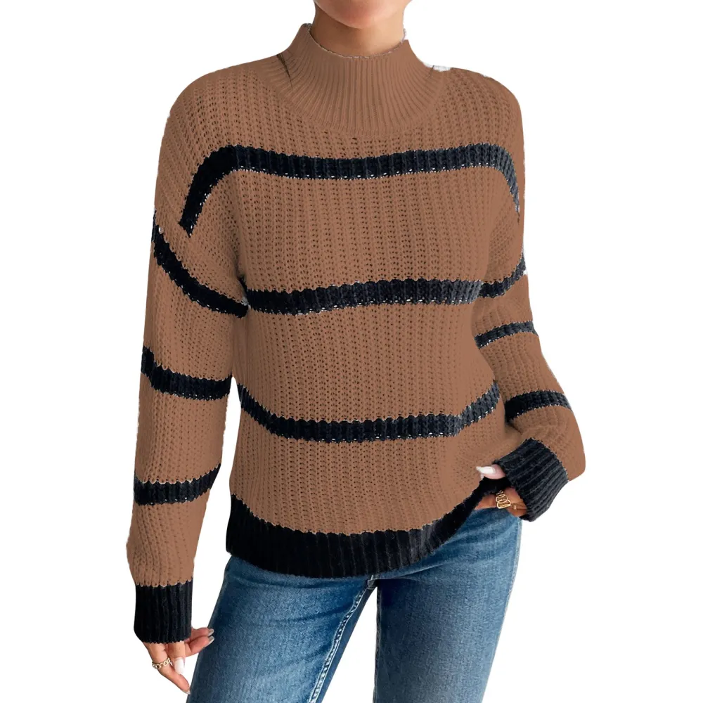 Women Striped Sweater High Collar Long Sleeves Loose Fitting Casual Knitted Pullover Sweatershirt Brown M