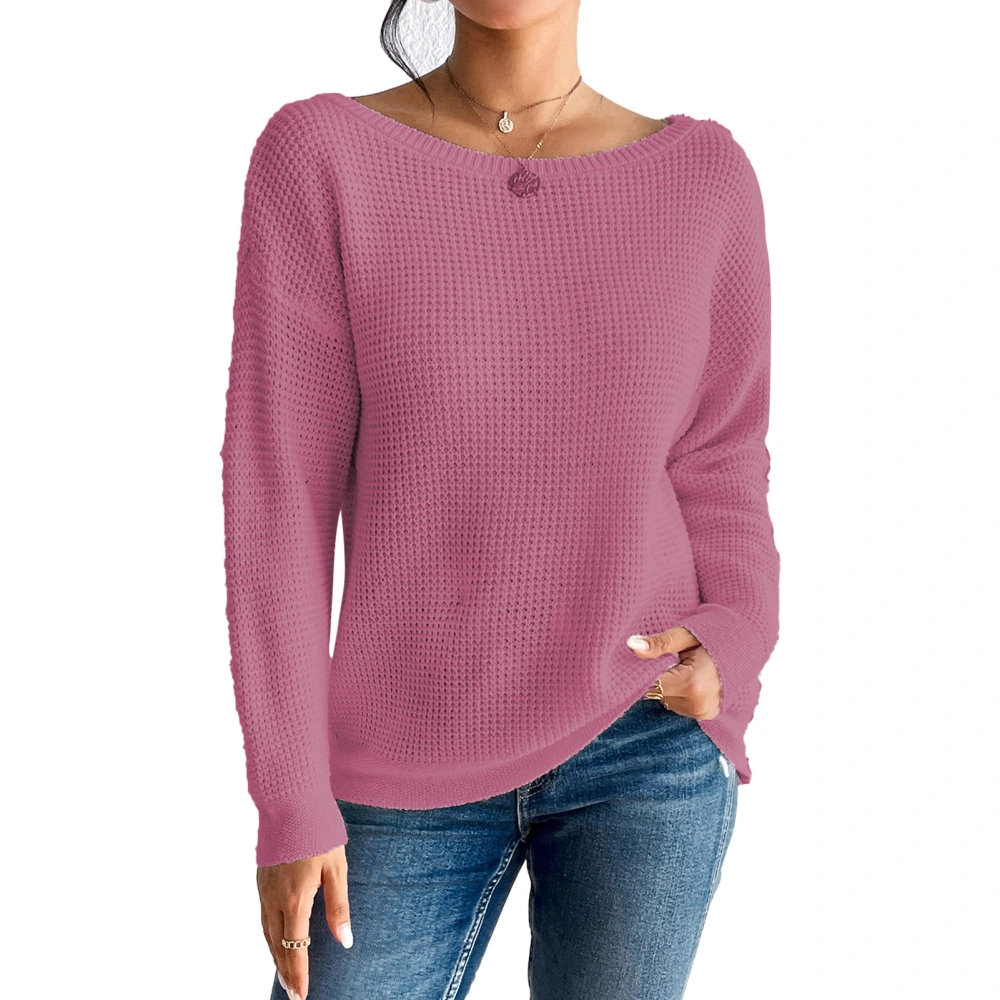 Drop Shoulder Knitted Sweater Plain Color Long Sleeve Knitted Pullover Sweater for Women Lady Pink L