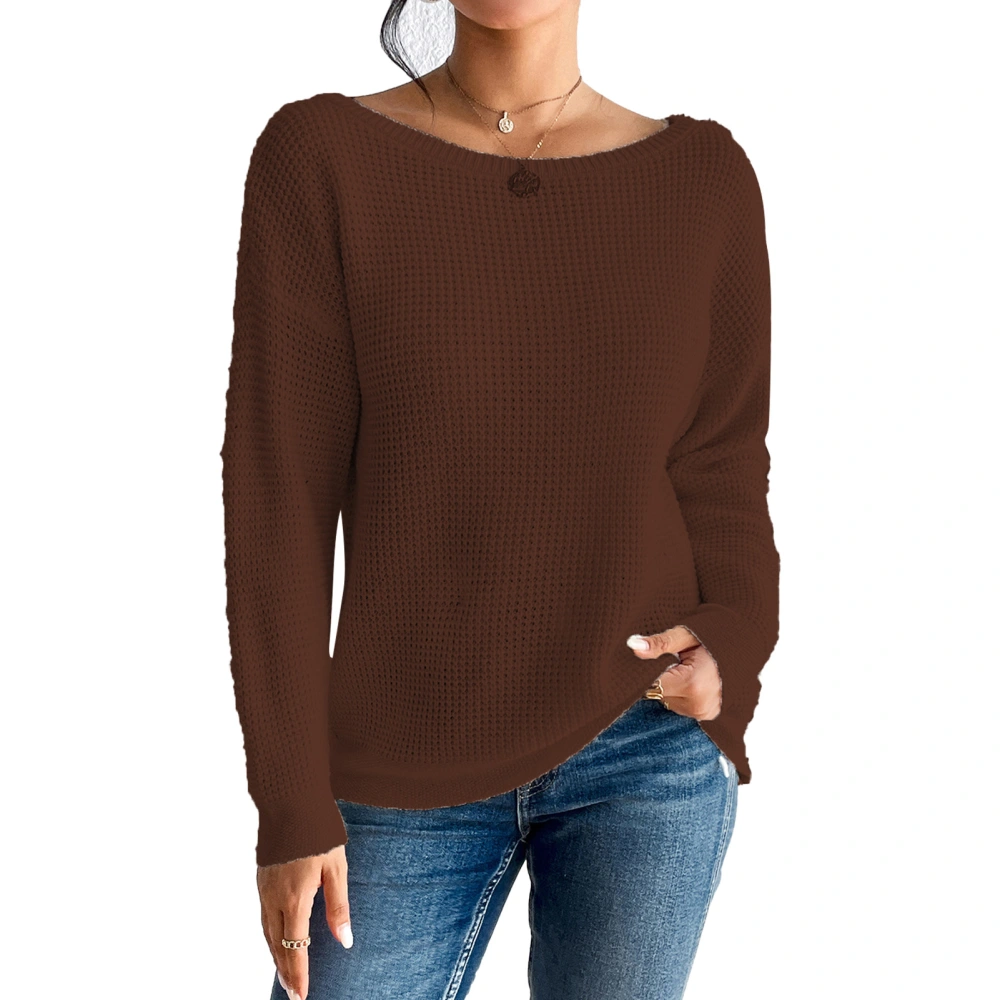 Drop Shoulder Knitted Sweater Plain Color Long Sleeve Knitted Pullover Sweater for Women Lady Brown L